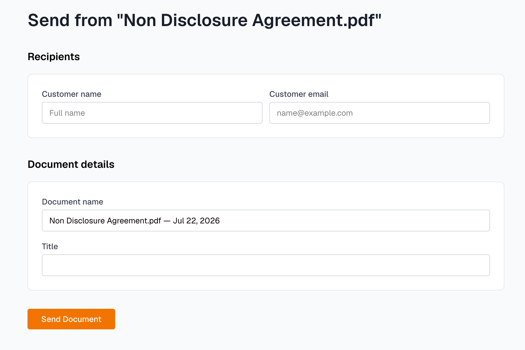 The Holosign send page for a template called Non Disclosure Agreement.pdf, with a Recipients section asking for the Customer name and Customer email, a Document details section with a pre-filled document name, and a Send Document button.